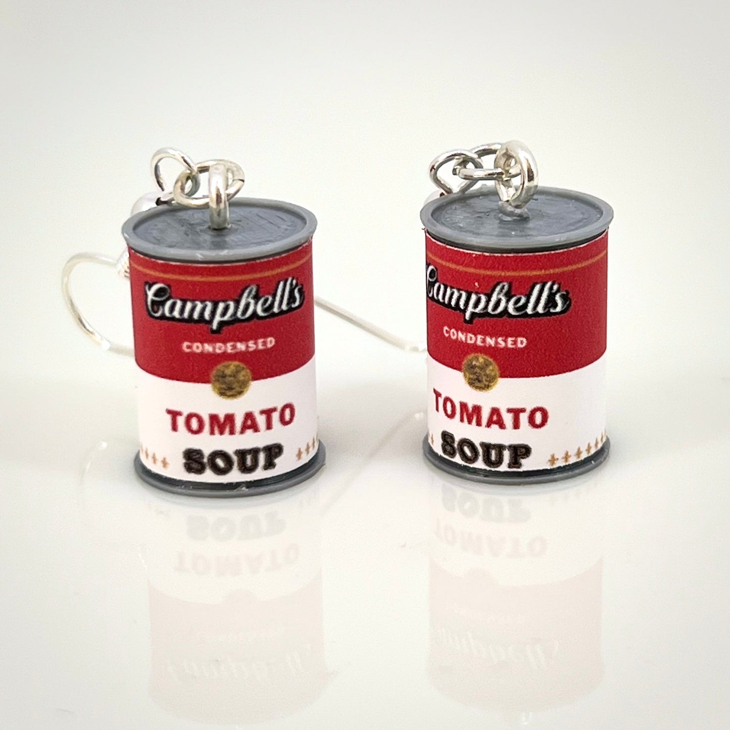 Pop-art Campbell’s tomato soup can earrings