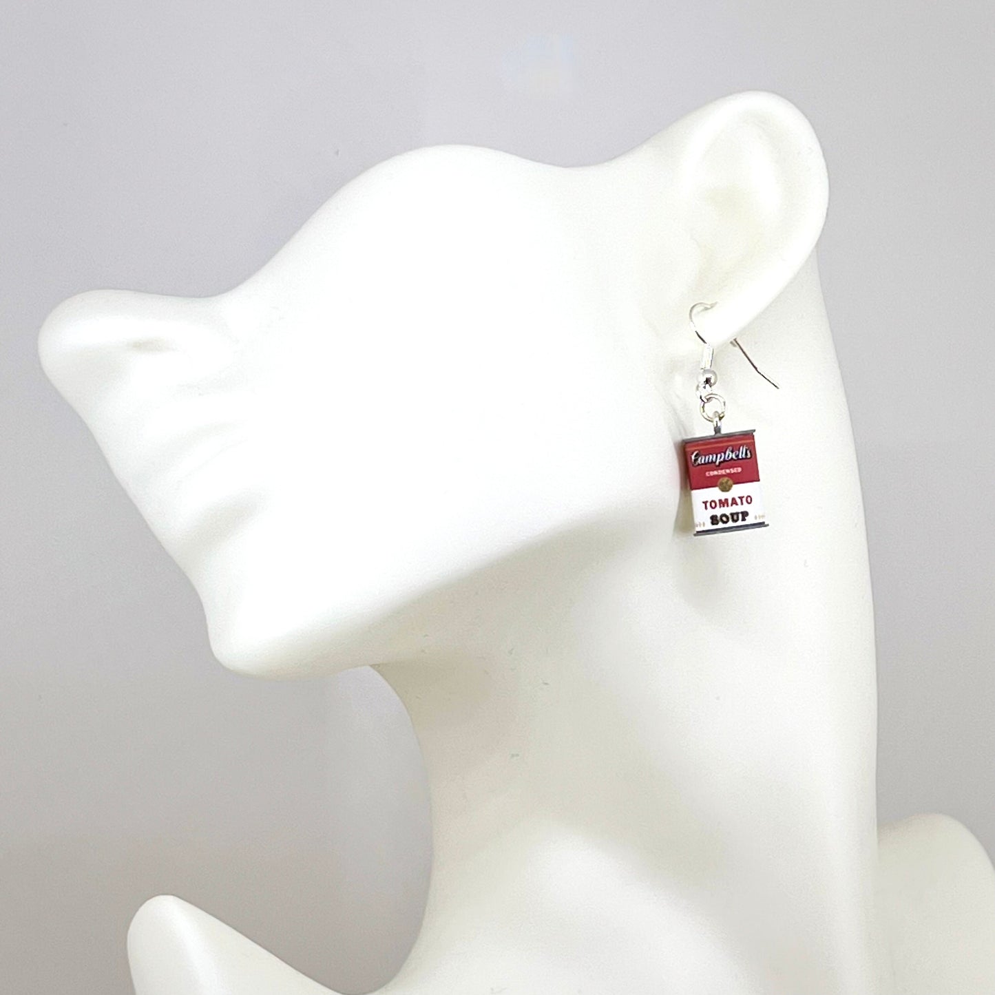 Pop-art Campbell’s tomato soup can earrings