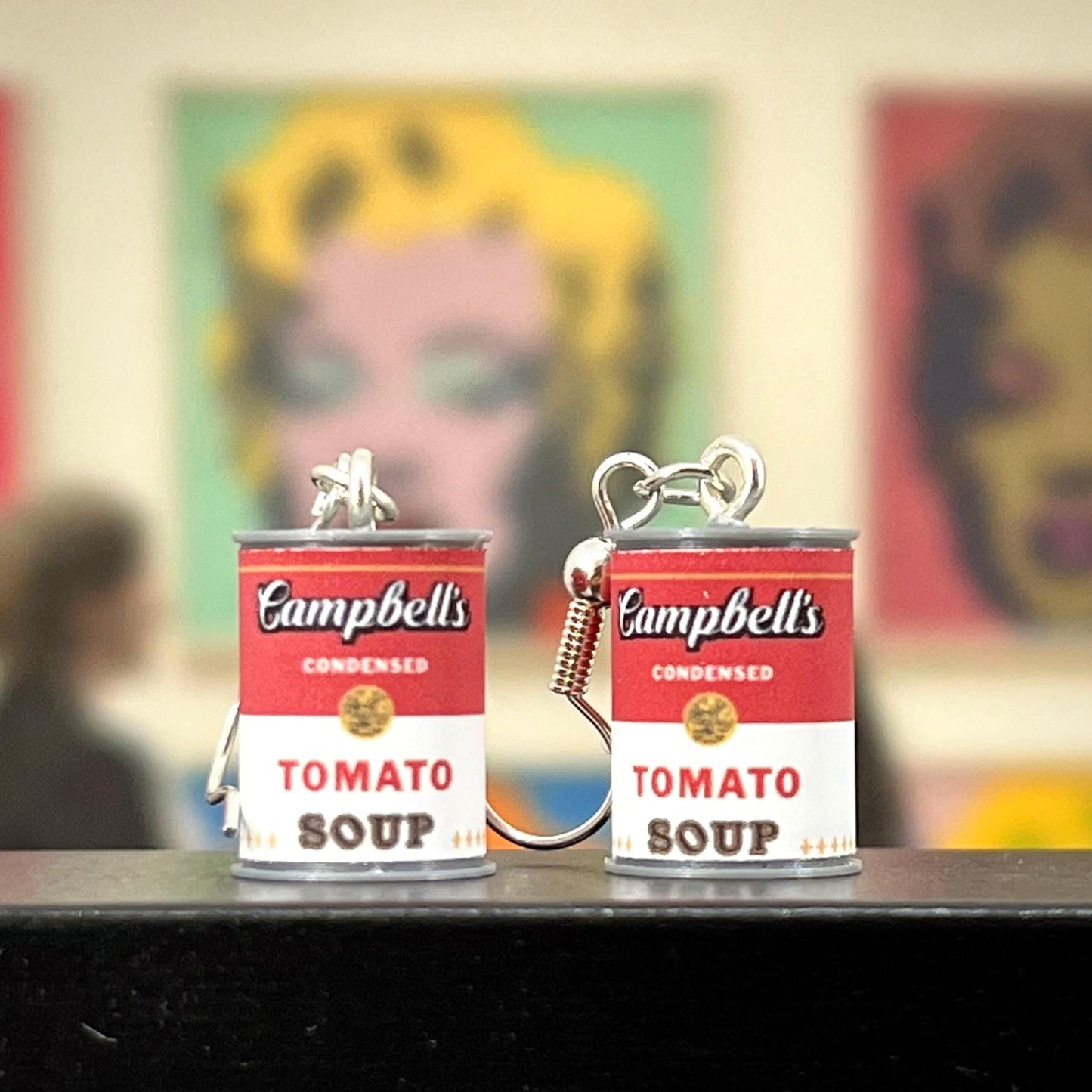 Pop-art Campbell’s tomato soup can earrings