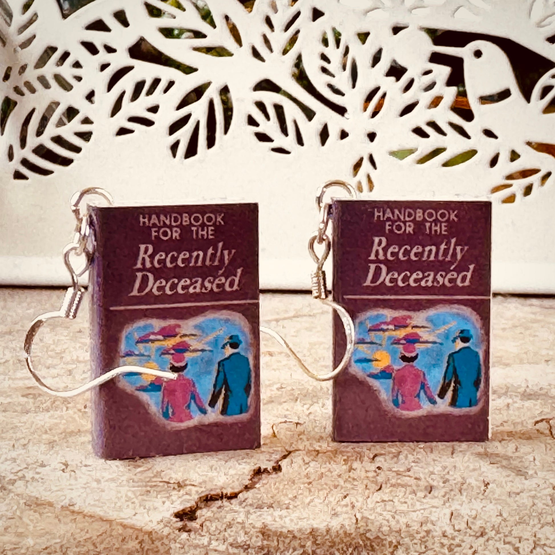 Miniature Beetlejuice 'Handbook for the Recently Deceased' earrings