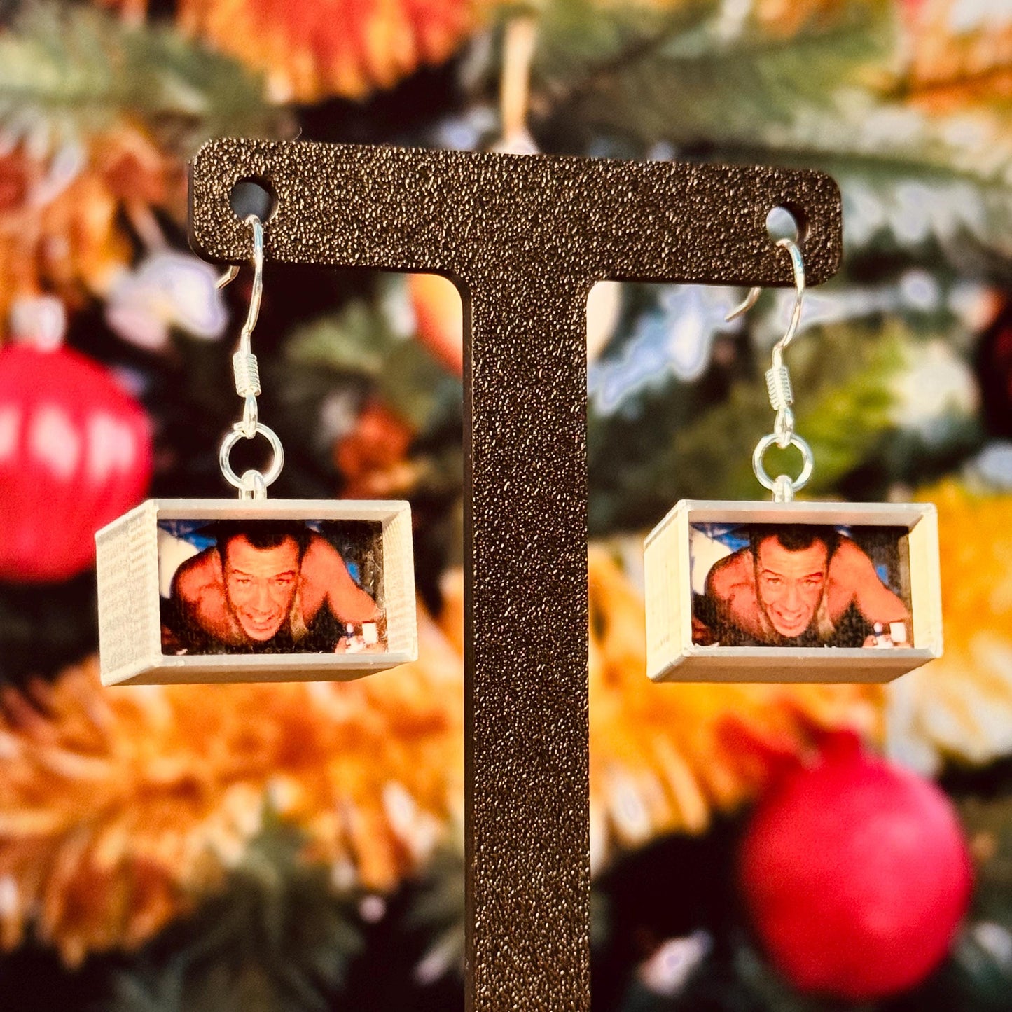 Die Hard John McClane air-duct mini dangle earrings for Christmas action movie fan (pair) by David Asch - Art & Design