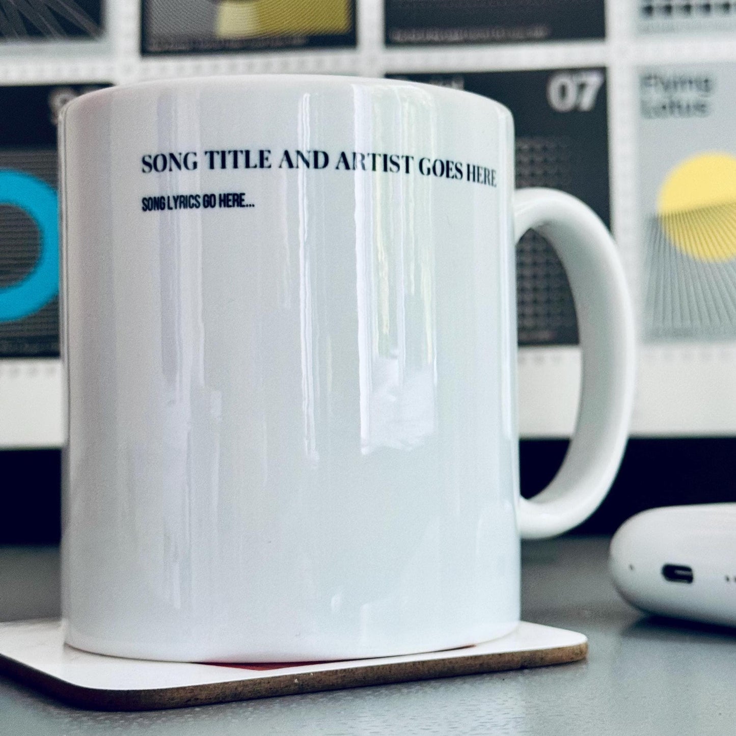 Personalised song lyrics mug. A great custom music-themed keepsake for anniversaries and birthdays by David Asch Art & Design
