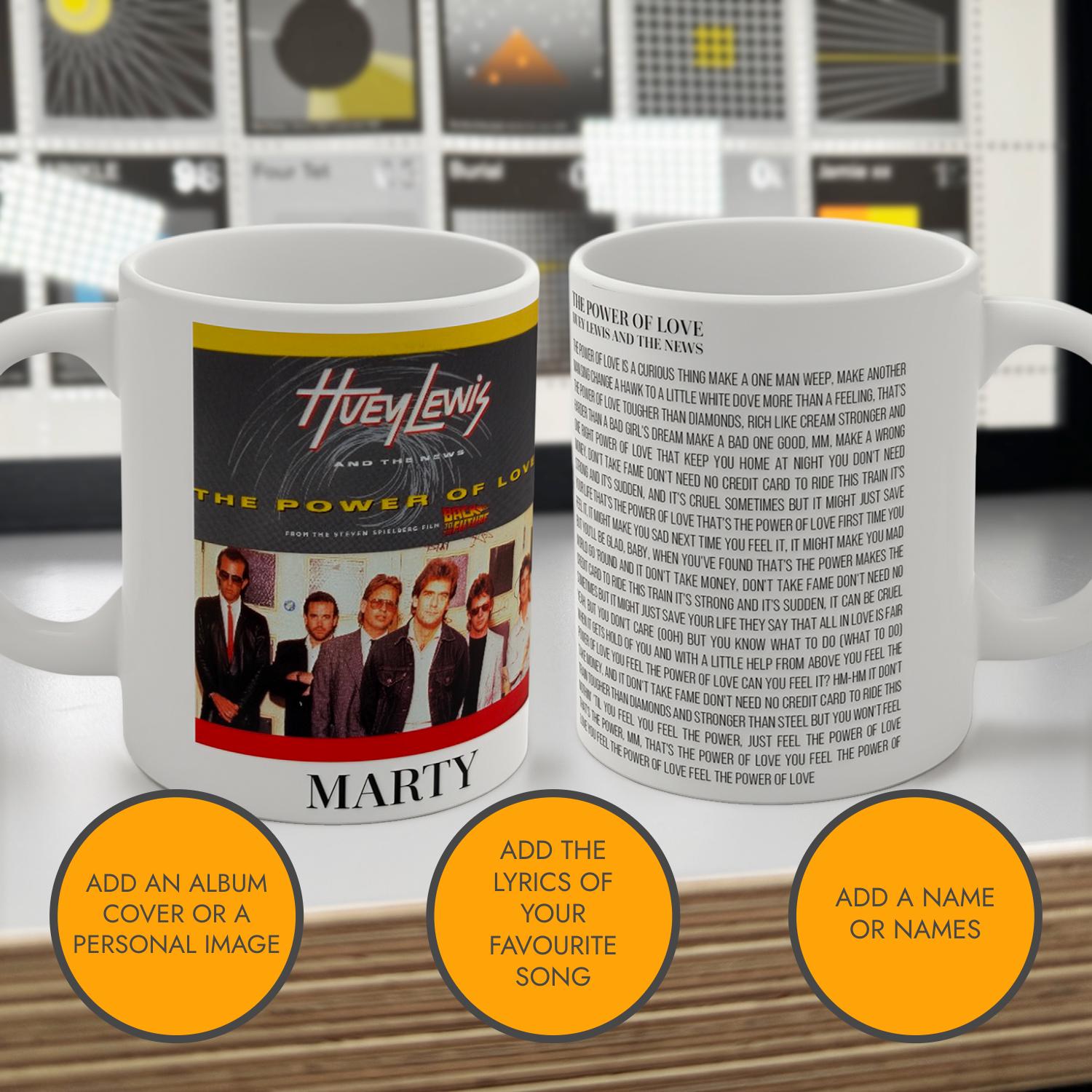 Personalised song lyrics mug with name and photo