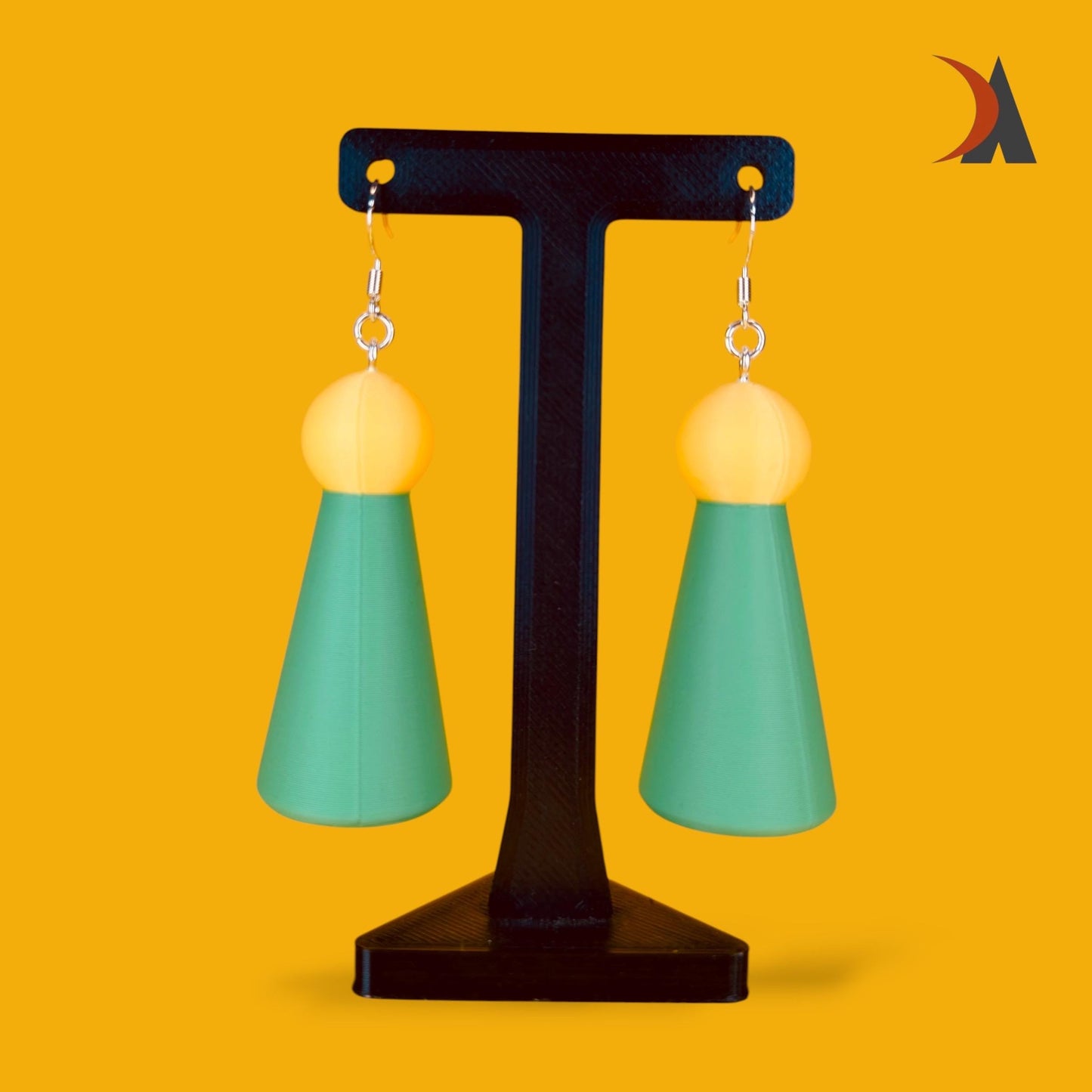 Green and yellow boho statement earrings | Geometric cone and ball lightweight jewellery
