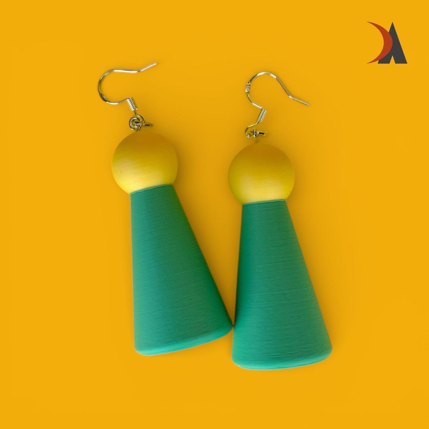 Green and yellow boho statement earrings | Geometric cone and ball lightweight jewellery