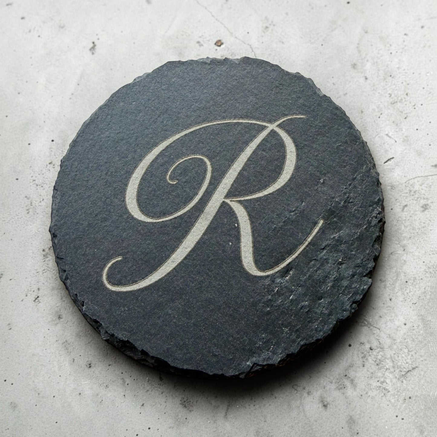 Your initial on a slate coaster (rough or smooth edge) - a personalised gift to rest your drink on